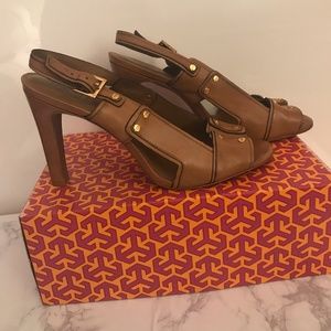 Tory Burch Naomi OT Sandal Heels Royal Tan Sz 11
